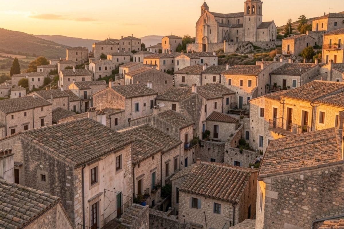 Panorama dai Sassi di Matera all’alba, luce dorata sulle case in pietra, dettagli dei tetti e della Cattedrale sullo sfondo