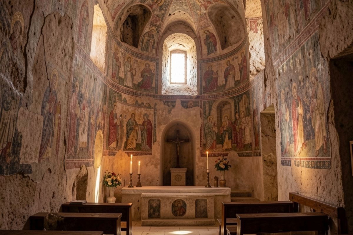 Interno di una chiesa rupestre a Matera, affreschi antichi sulle pareti, luce soffusa, atmosfera mistica